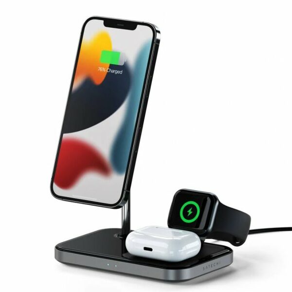 SATECHI Aluminium 3-in-1 Magnetic Wireless Charging Stand (iPhone 12/13, Apple Watch, AirPods Pro, USB-C cable included) – Black